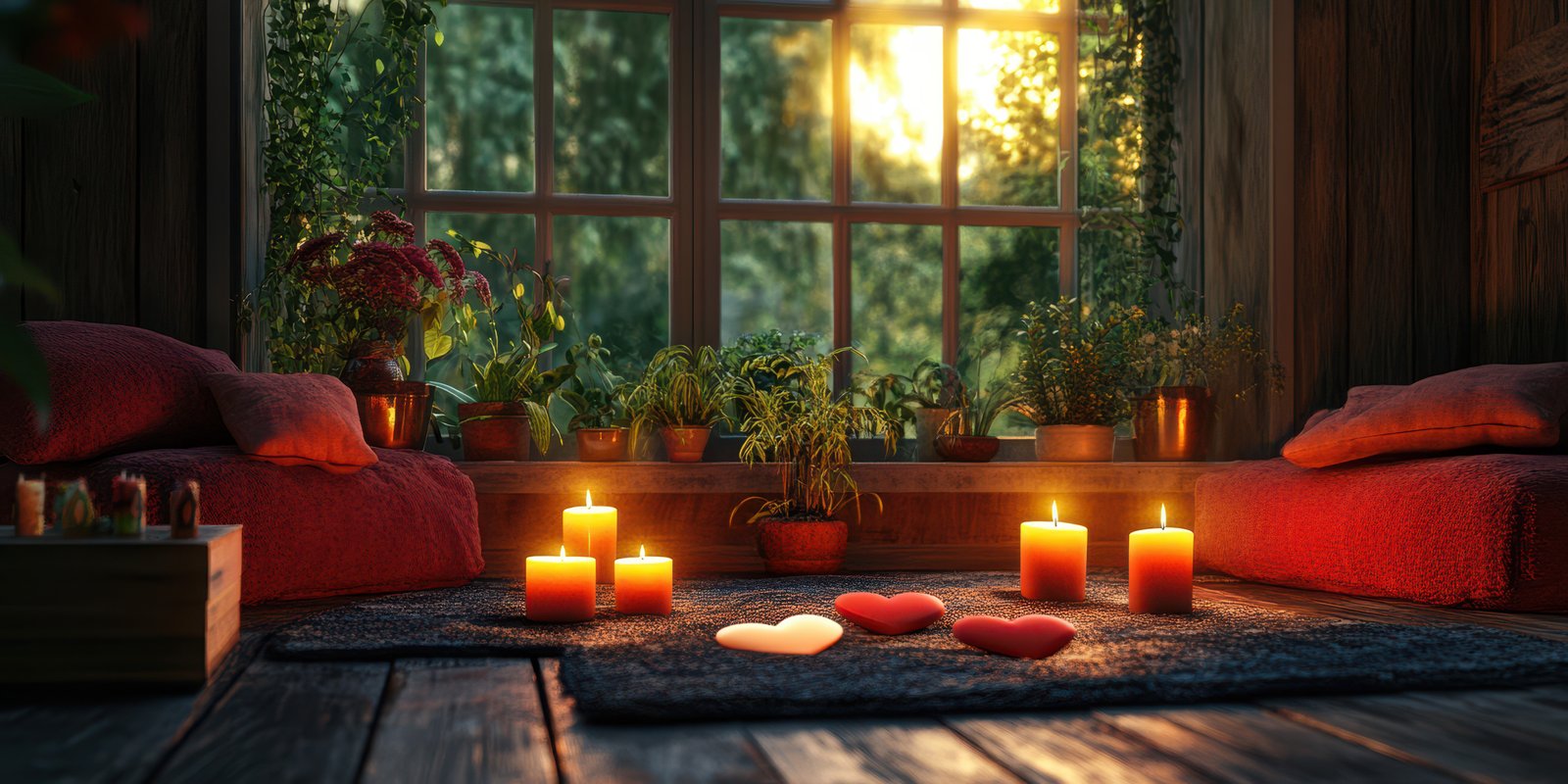 Cozy indoor setting with candles and plants at sunset, creating a warm and inviting atmosphere